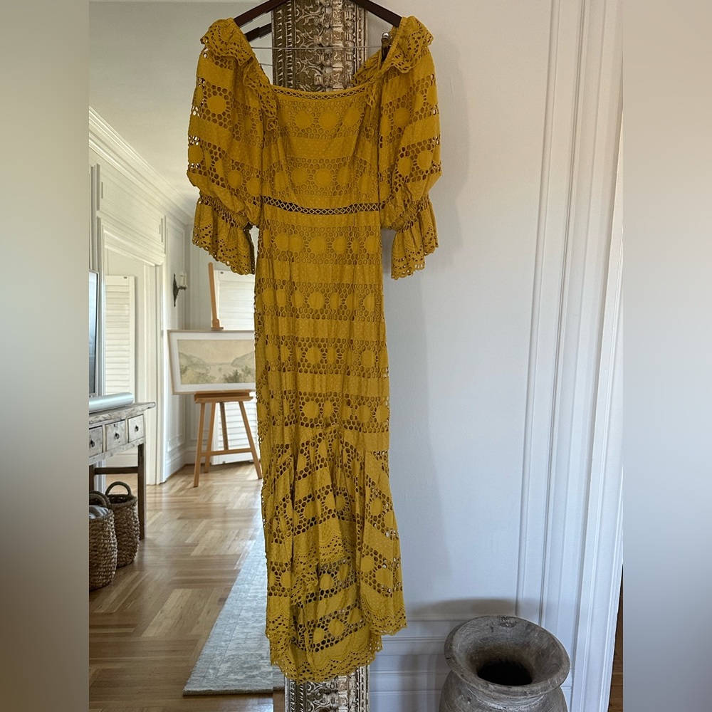 Yellow Eyelit Midi Dress with Criss cross back